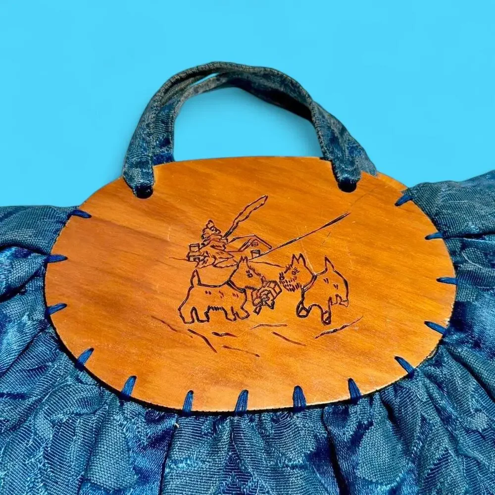 `1940s blue handmade silk tapestry novelty dog crescent shaped handbag